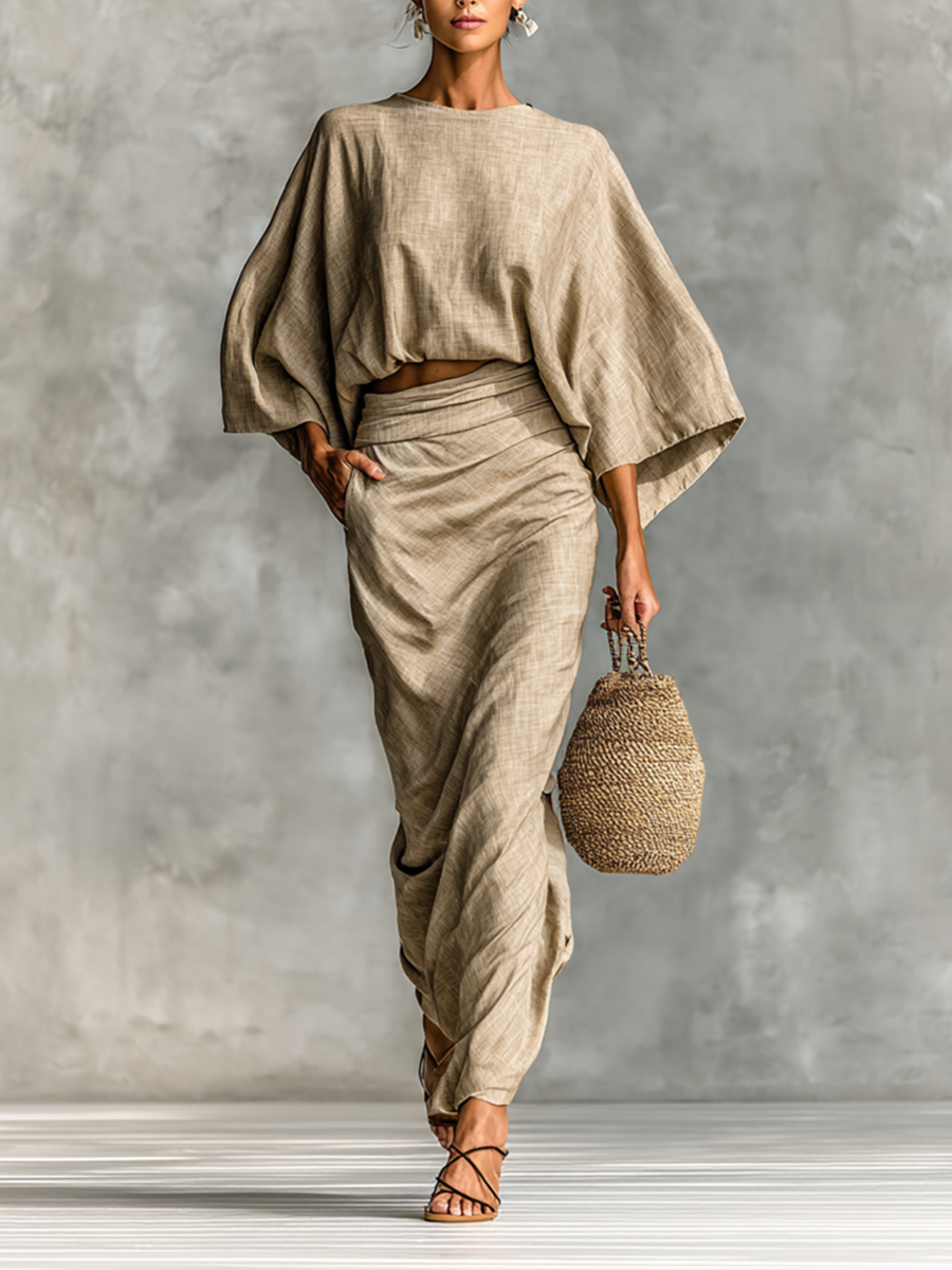 Khaki long-sleeve blouse and draped long skirt set, batwing sleeves