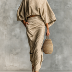 Khaki long-sleeve blouse and draped long skirt set, batwing sleeves