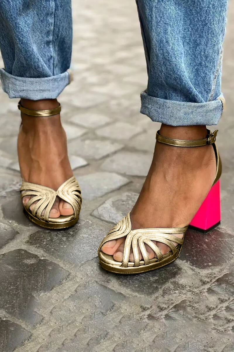 Bi-color ankle-strap sandals, gold and beige straps, pink block heel