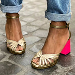 Bi-color ankle-strap sandals, gold and beige straps, pink block heel