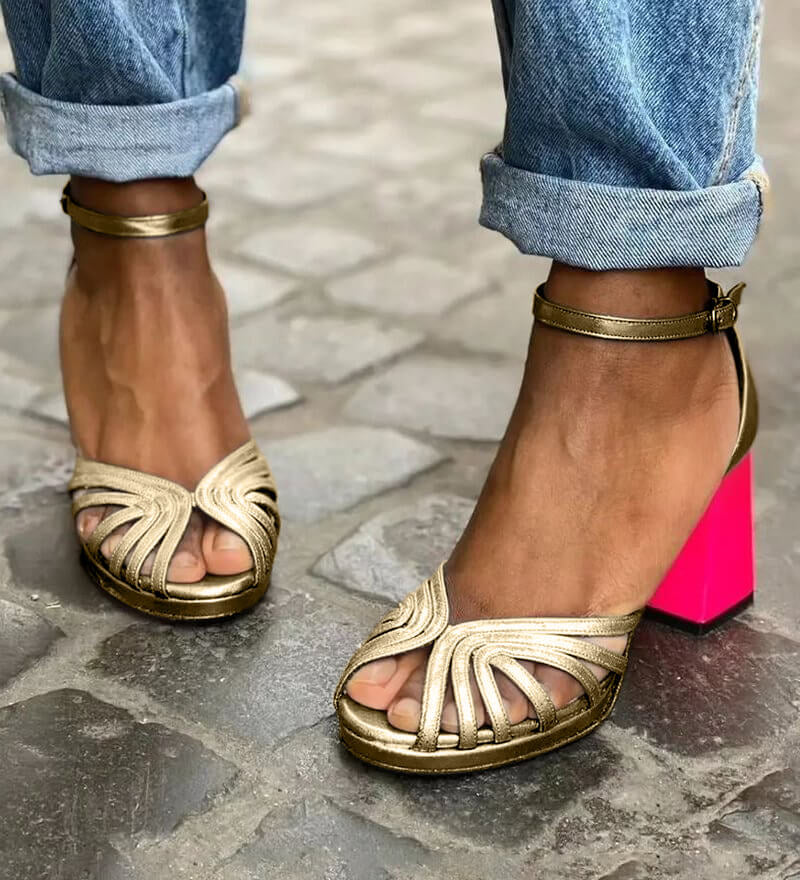 Bi-color ankle-strap sandals, gold and beige straps, pink block heel