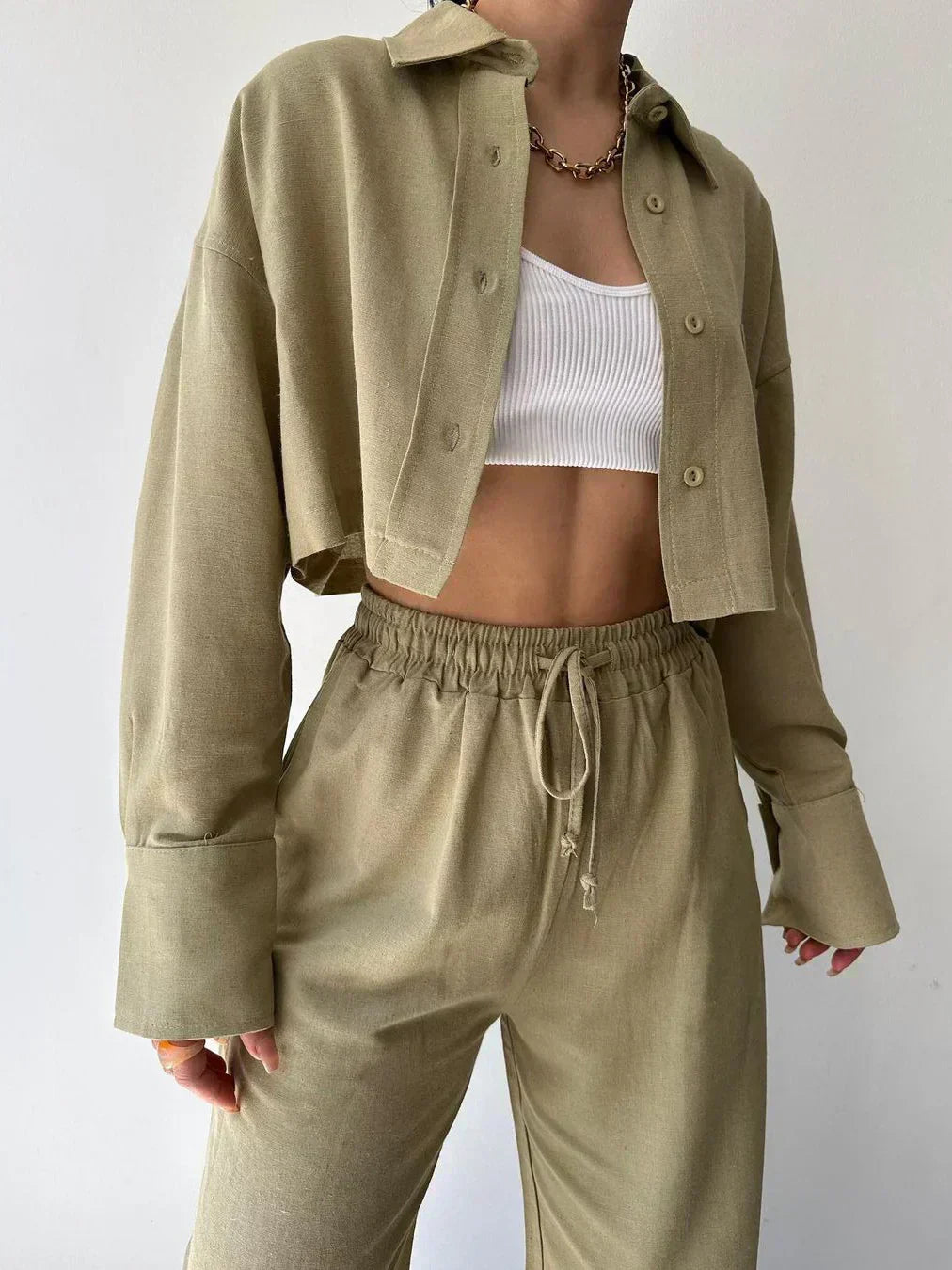 Olive two-piece set: collared button-up top and drawstring waist pants