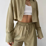 Olive two-piece set: collared button-up top and drawstring waist pants