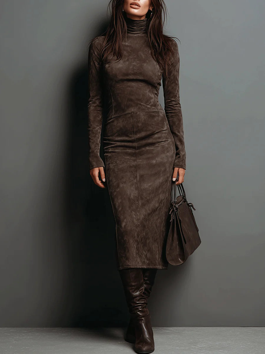 Brown midi dress with turtleneck, long sleeves, fitted suede-look fabric