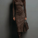 Brown midi dress with turtleneck, long sleeves, fitted suede-look fabric