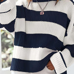 Women’s winter striped knit sweater in white and navy, crew neck, ribbed cuffs