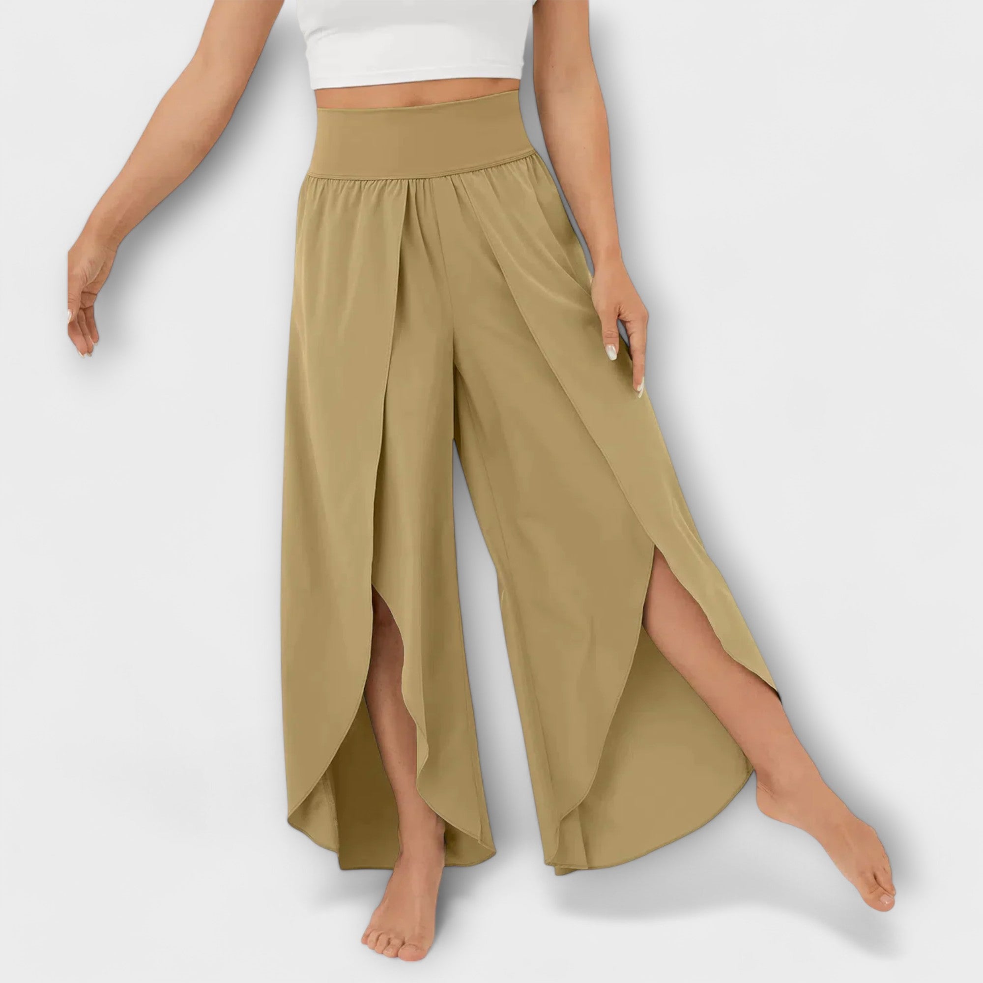 Women’s wide-leg pants with elastic waist, khaki beige, long side slit draped hem