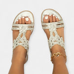 Orthopedic boho sandals metallic gold with beaded cross-floral straps and open toe