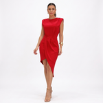 Red asymmetric sleeveless dress with structured shoulders and draped waist