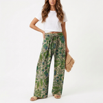 High-waisted floral wide-leg pants, green print with elastic drawstring waist