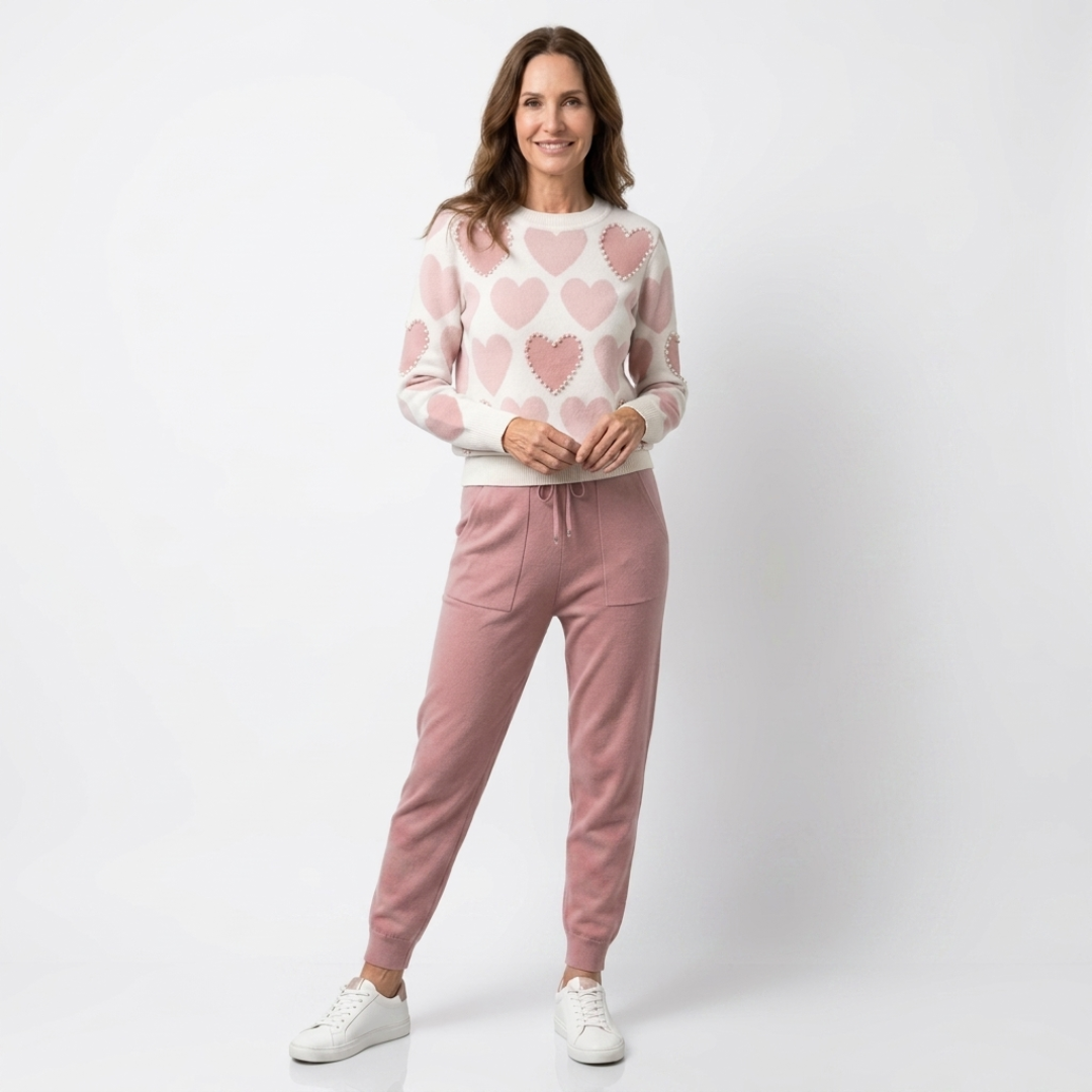 Pink heart-print sweater and mauve jogger pants set, crew neck, drawstring waist