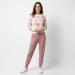 Pink heart-print sweater and mauve jogger pants set, crew neck, drawstring waist