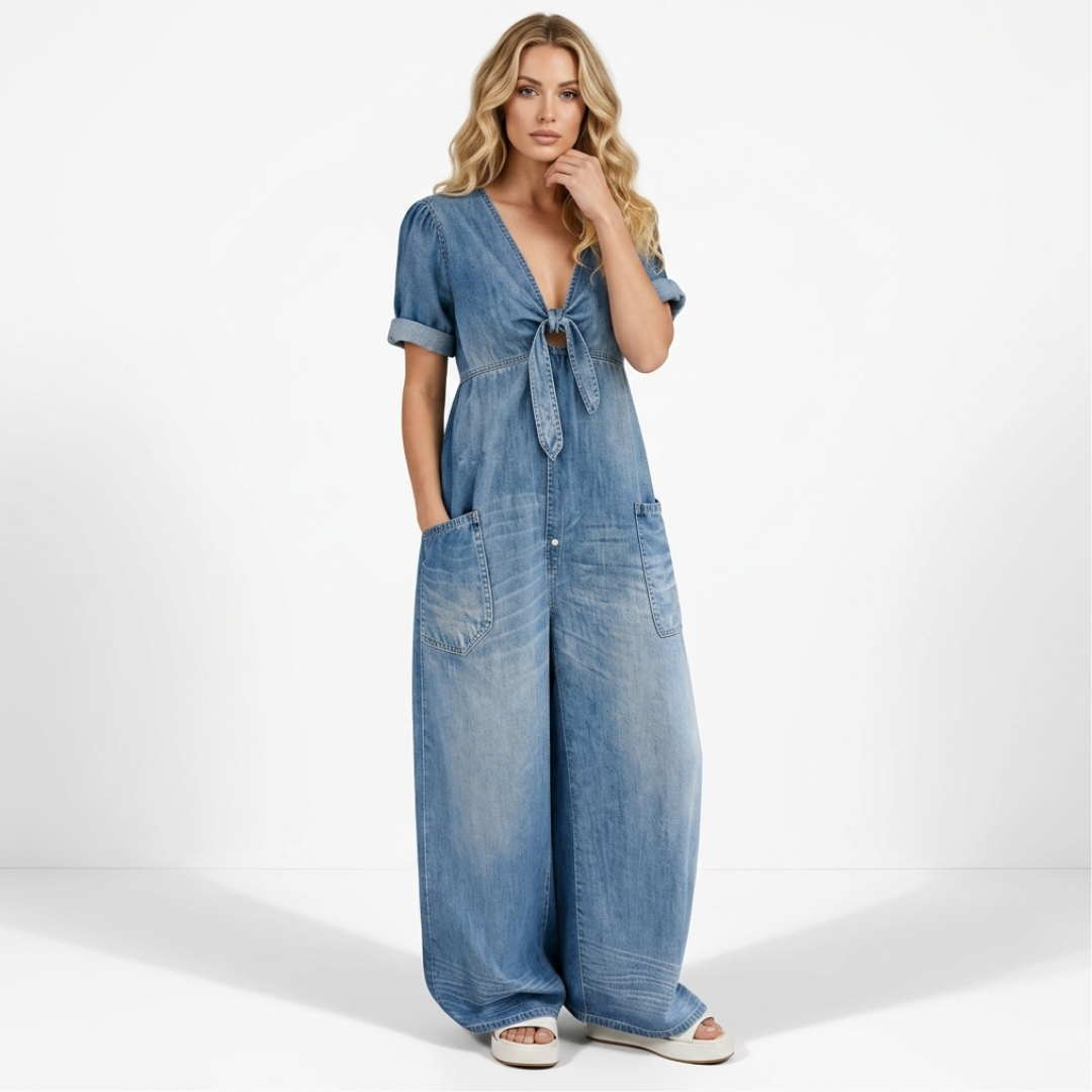 Light blue denim V-neck tie-front short-sleeve jumpsuit with patch pockets and wide-leg pants