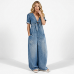 Light blue denim V-neck tie-front short-sleeve jumpsuit with patch pockets and wide-leg pants