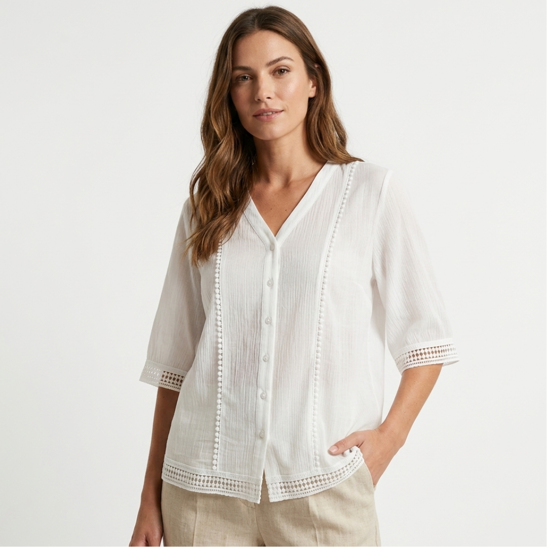 White lightweight blouse, V-neck button front, eyelet-trim cuffs and vertical crochet panels.