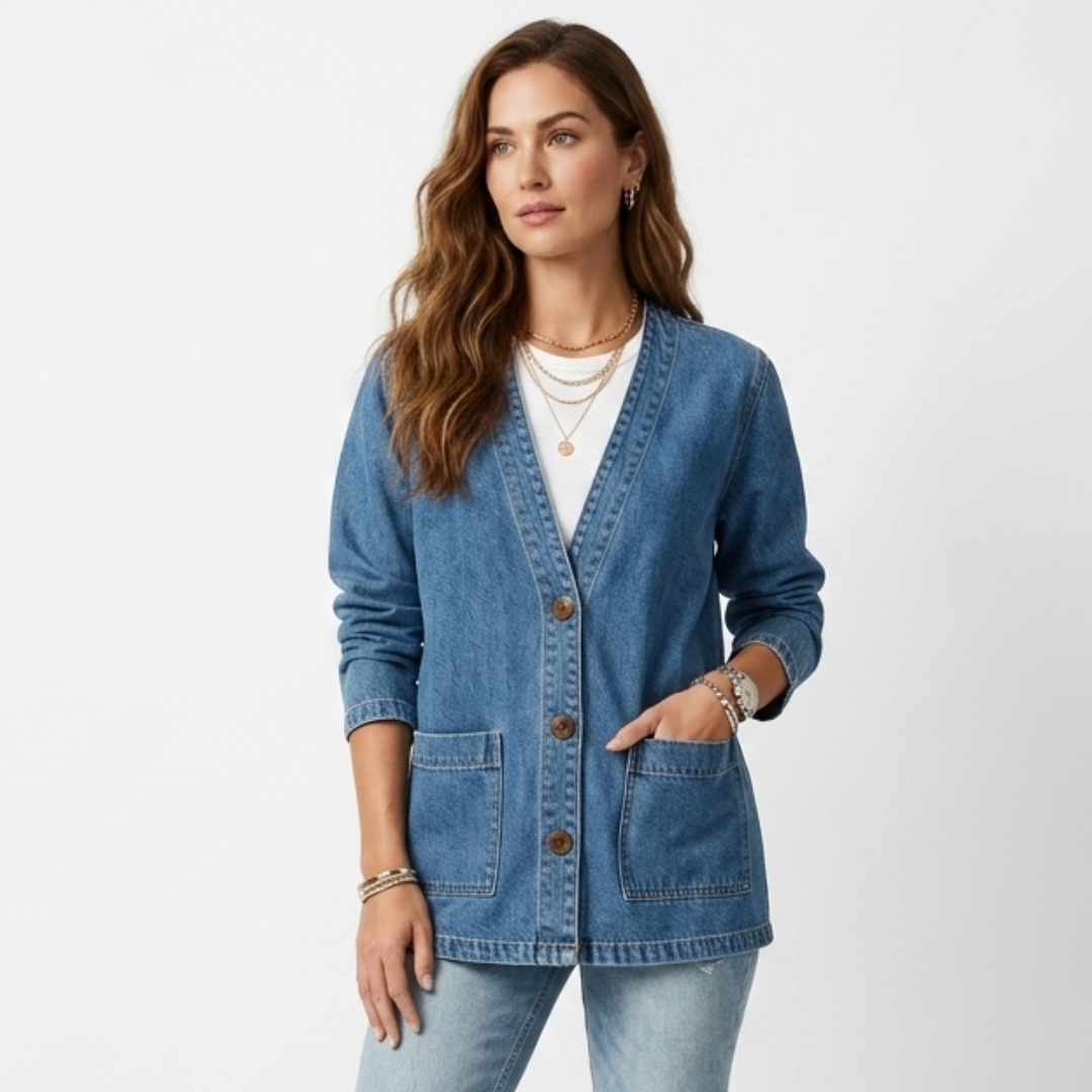 V-neck denim jacket with button front and two chest pockets