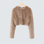 Lumia faux fur short jacket, taupe brown, long sleeves, open front