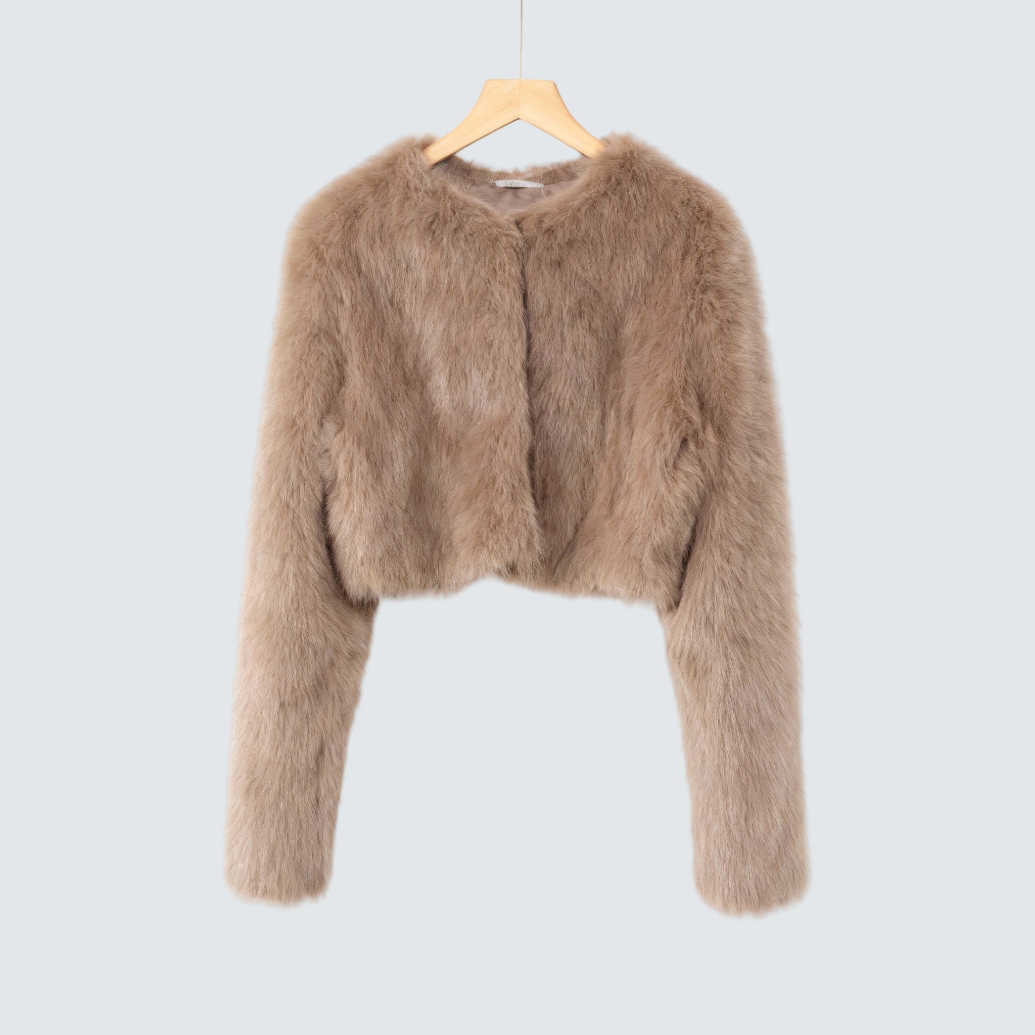 Lumia faux fur short jacket, taupe brown, long sleeves, open front