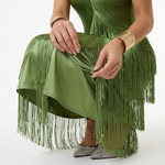 Green halter fringe dress with layered skirt panel and short tiered hem
