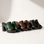 Comfort heeled slide sandals set: green, brown, and black with chunky block heels