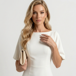 White midi sheath dress, short sleeves, crew neckline