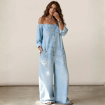 Vintage off-shoulder denim overalls, pale blue, button placket and large front pockets