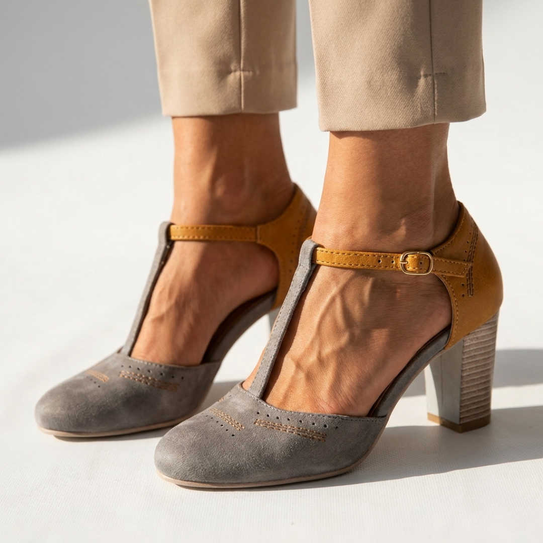 Two-tone high-heel T-strap shoes with buckle, gray toe cap and tan ankle strap