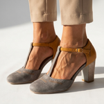 Two-tone high-heel T-strap shoes with buckle, gray toe cap and tan ankle strap