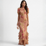Floral midi dress with puff sleeves, ruched bodice, and layered ruffle hem, pink print