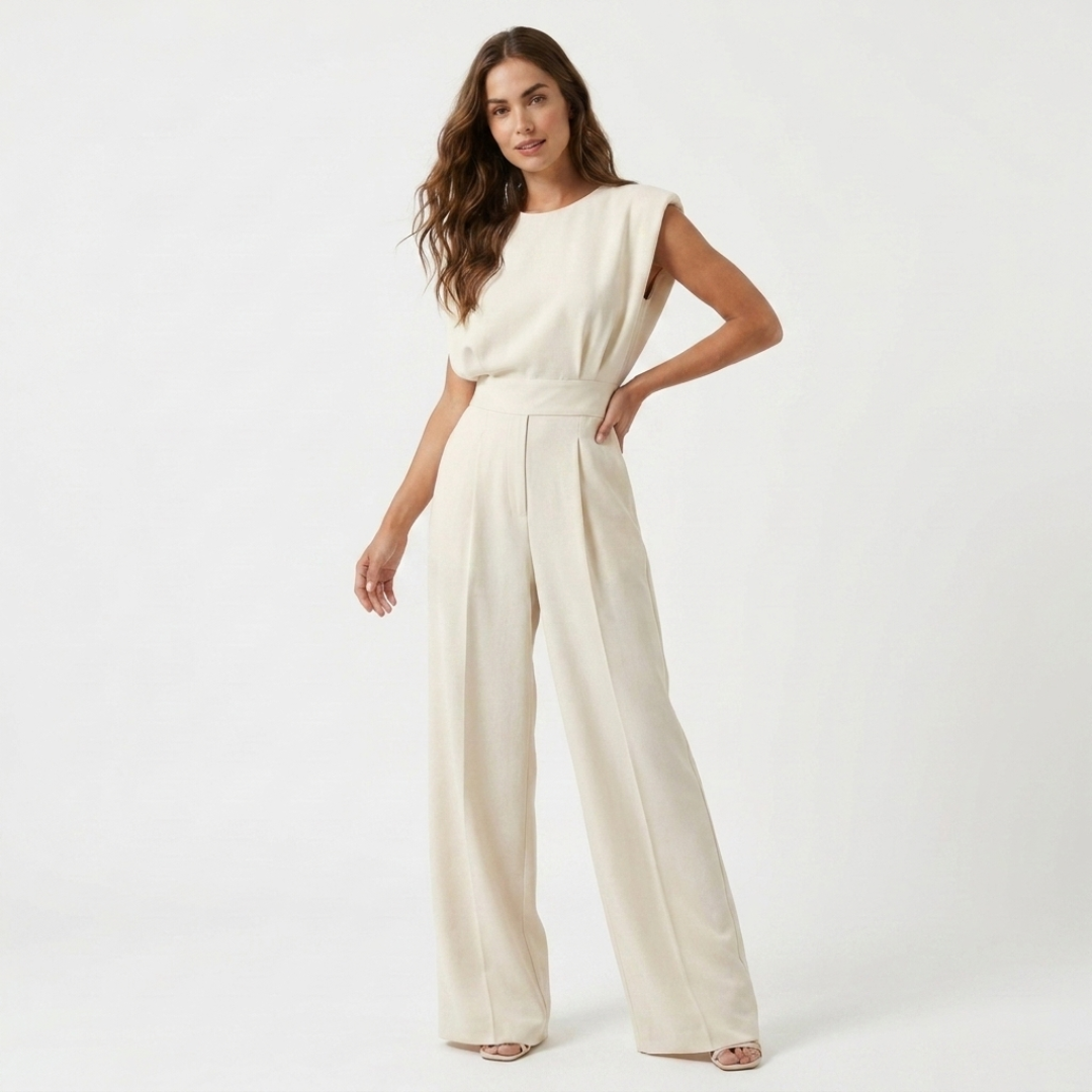 Off-white belted sleeveless jumpsuit with high waist and wide-leg pants