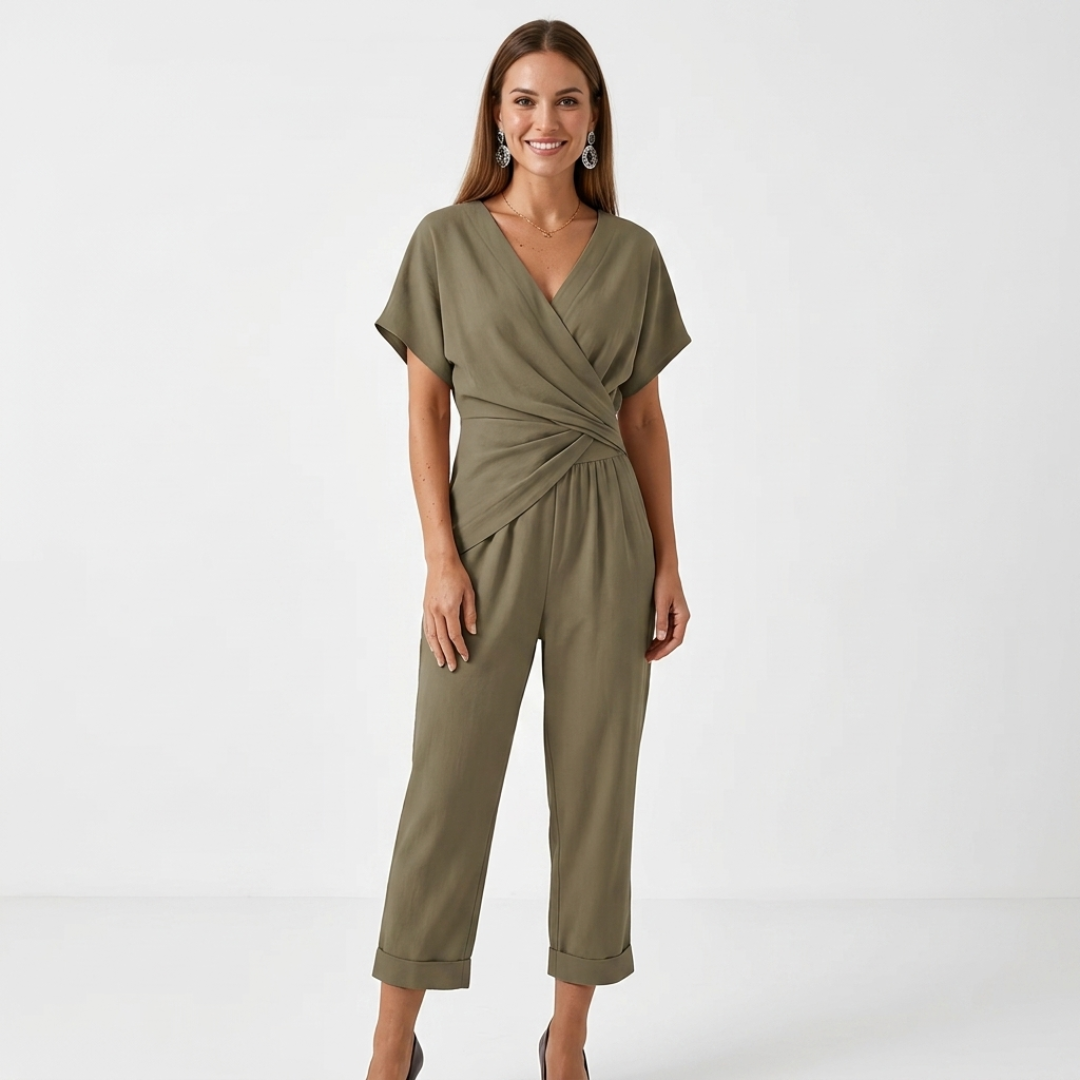 Two-piece lounge set in olive: V-neck wrap top and wide-leg pants