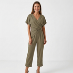 Two-piece lounge set in olive: V-neck wrap top and wide-leg pants