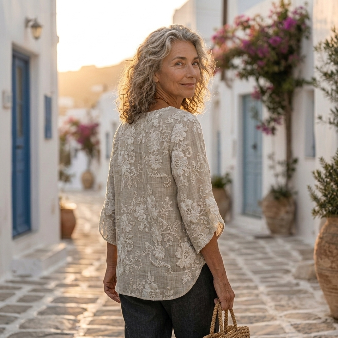 Printed floral top with scoop neck and lace-style 3/4 sleeves, beige