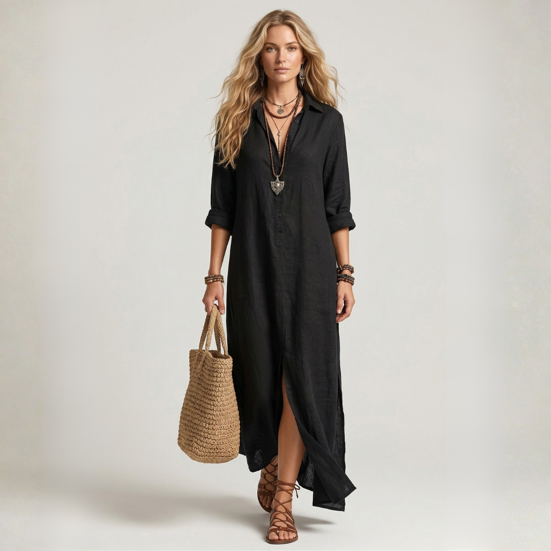 Black long button-front dress with V-neck, roll-tab sleeves, side slit
