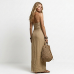Magda bare-shoulder maxi dress, beige linen-look, sleeveless halter, open back