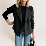 Black casual blazer with notch lapels, long ribbed sleeves, and double-breasted buttons