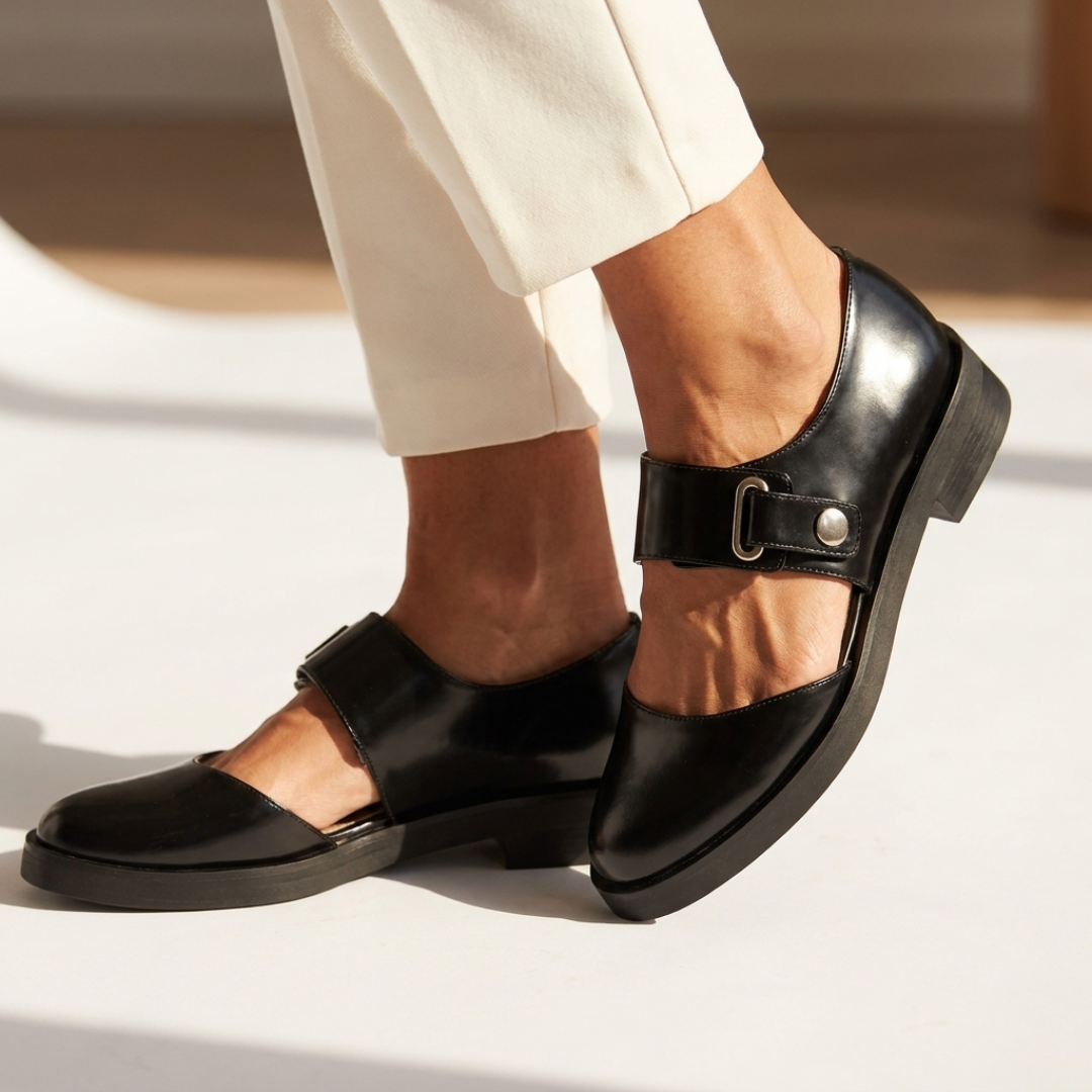 Black Mary Jane dress flats with side buckle strap and chunky sole