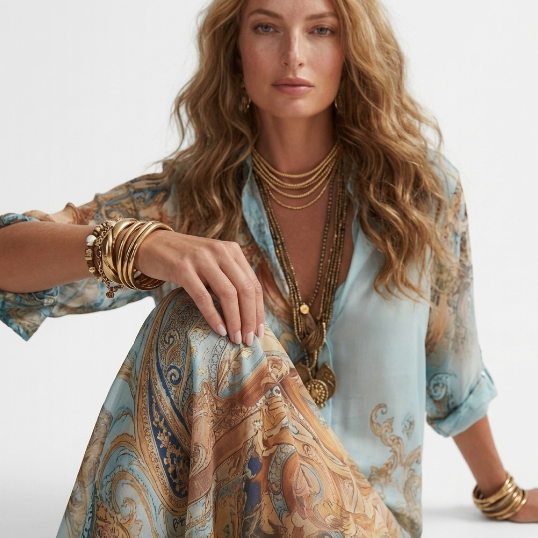 Close-up of printed shirt dress neckline and hand-adjusted front, V-neck, aqua and tan.