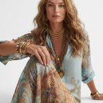 Close-up of printed shirt dress neckline and hand-adjusted front, V-neck, aqua and tan.