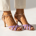 Violet high-heel strappy sandals with ankle strap and open toe, tied cross straps