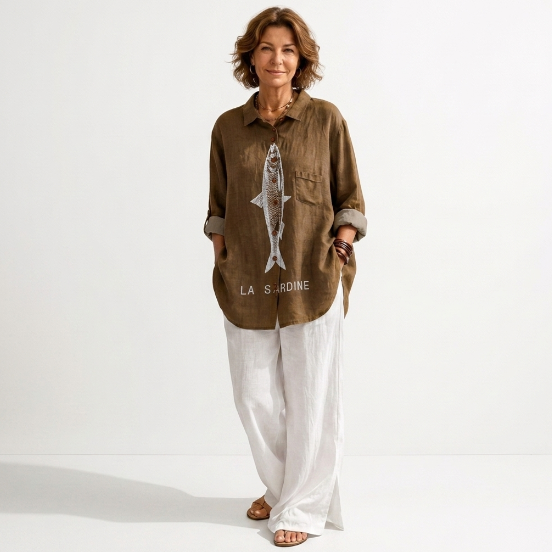 Brown button-front shirt with fish graphic, chest pocket, loose sleeves