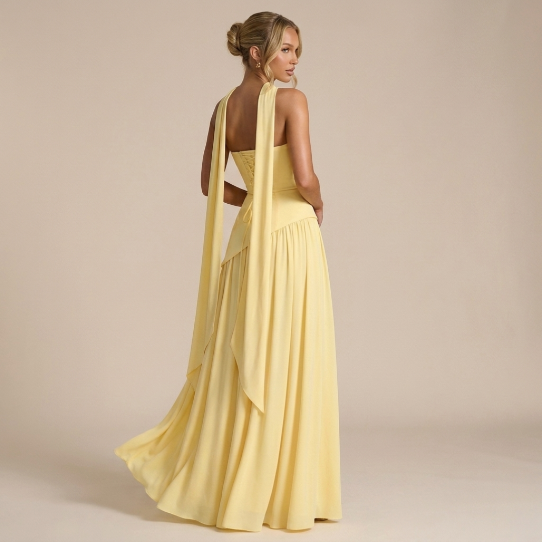 Back view of light yellow strapless maxi dress with draped fabric and open back