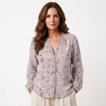 Catina retro print blouse, light lilac with small floral print, green-trim button front