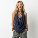Navy blue draped halter top with sleeveless cowl neckline