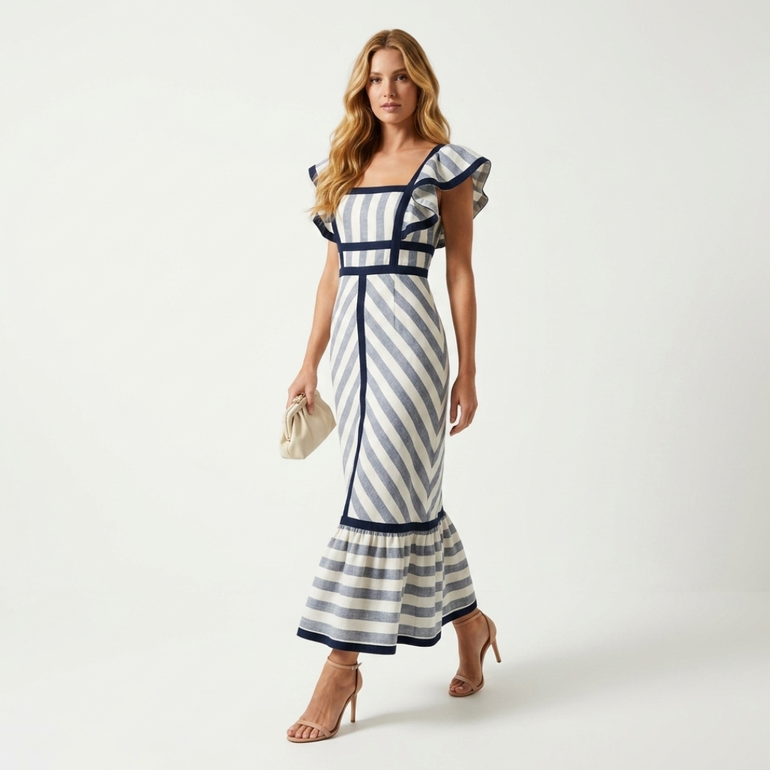 Retro striped maxi dress with square neckline, navy-trim ribbon detail, ruffle hem