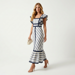 Retro striped maxi dress with square neckline, navy-trim ribbon detail, ruffle hem