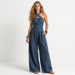 Eva cross-neck jumpsuit, dark blue halter with crossed straps and flowy wide-leg fit