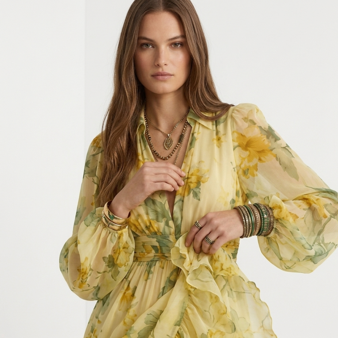 Floral maxi dress with gathered bodice, V-neck, billowy sleeves, yellow with green blooms