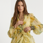 Floral maxi dress with gathered bodice, V-neck, billowy sleeves, yellow with green blooms