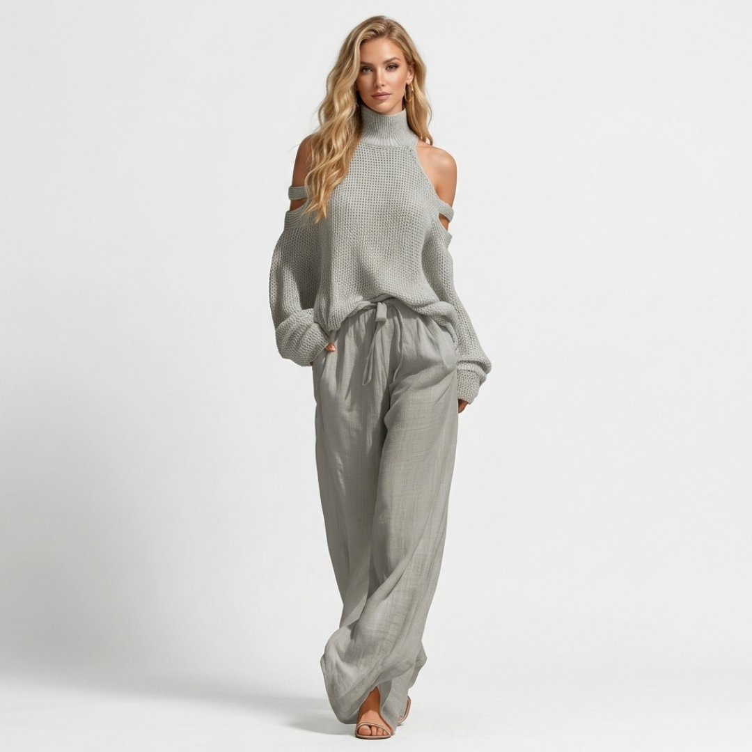 Two-piece cold-shoulder knit top and wide-leg drawstring pants in gray